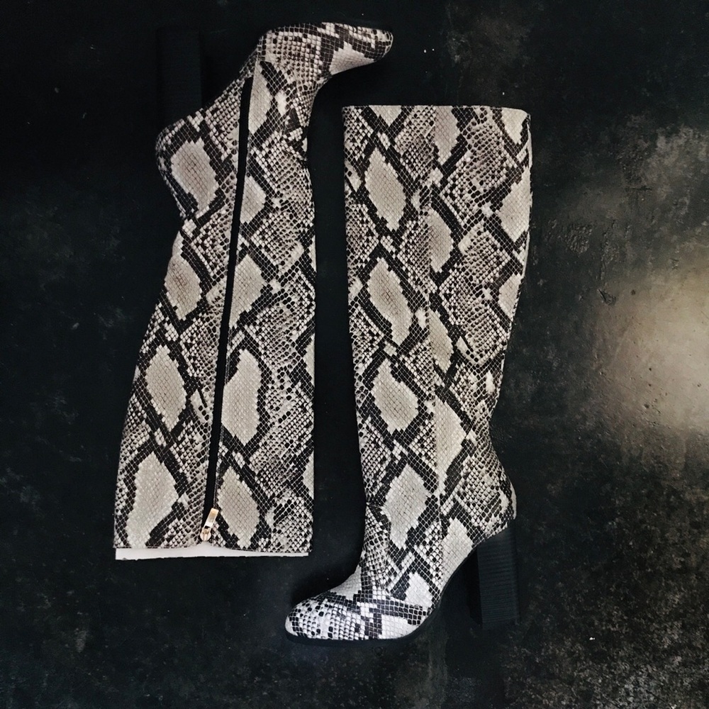 BAMBOO Snakeskin Over the Knee Boots - Black and White